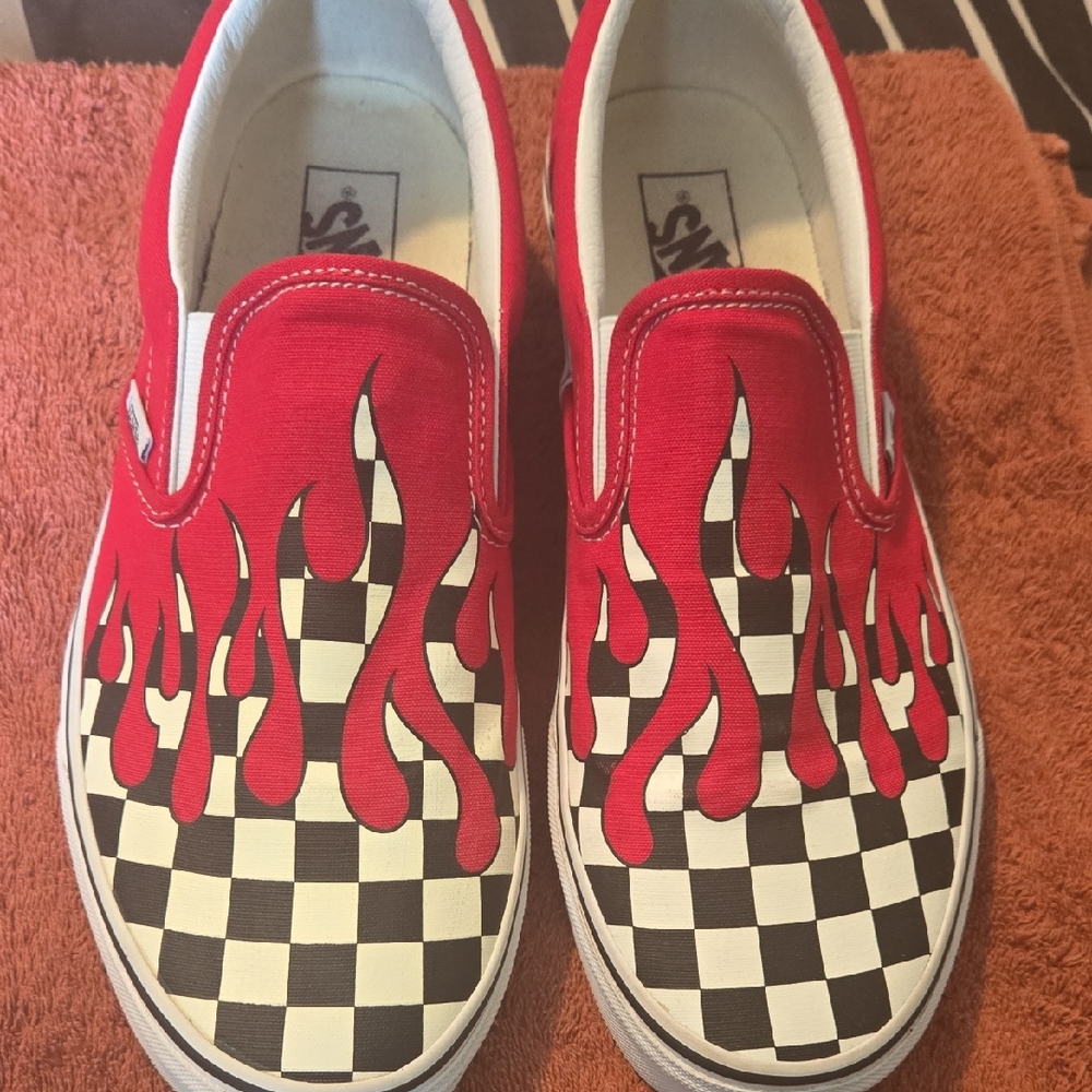 Vans Mens Red Flame Checkerboard Slip-On Sneakers